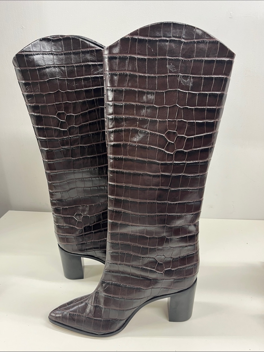 New Schutz Analeah Chocolate Brown Croc-Embossed Boots Size 10 - Picture 4 of 7